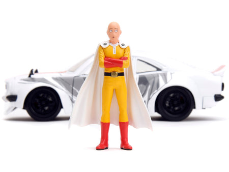 1974 Mazda RX-3 White with Red Stripe and Graphics and Saitama Diecast Figure "One Punch Man" (2015-2019) TV Series 1/24 Diecast Model Car by Jada-Jada-ModelCars.com
