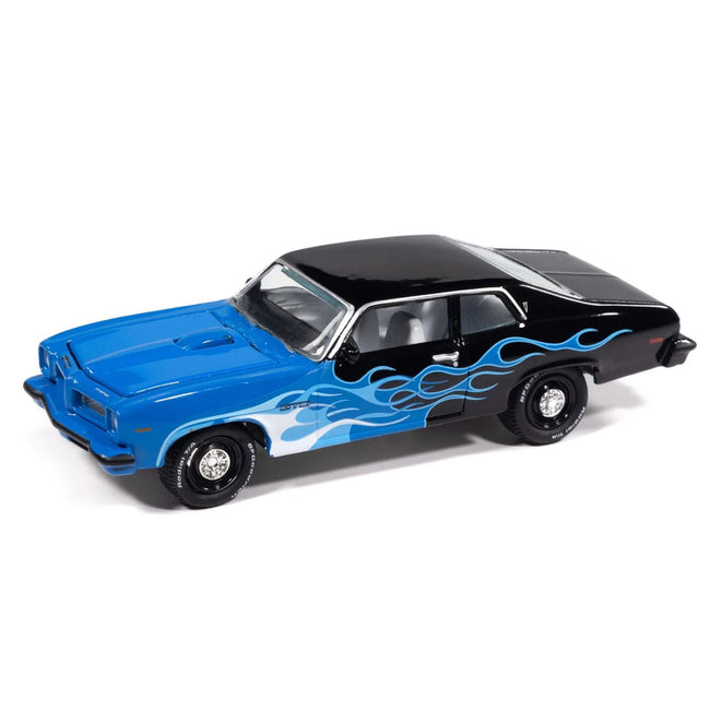 1974 Pontiac GTO Black and Blue with Blue Flame Graphics with White Interior "Black with Flames" Series 1/64 Diecast Model Car by Johnny Lightning-Johnny Lightning-ModelCars.com