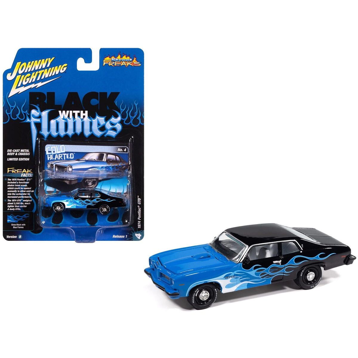 1974 Pontiac GTO Black and Blue with Blue Flame Graphics with White Interior "Black with Flames" Series 1/64 Diecast Model Car by Johnny Lightning-Johnny Lightning-ModelCars.com