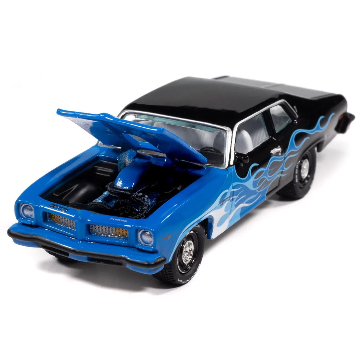 1974 Pontiac GTO Black and Blue with Blue Flame Graphics with White Interior "Black with Flames" Series 1/64 Diecast Model Car by Johnny Lightning-Johnny Lightning-ModelCars.com