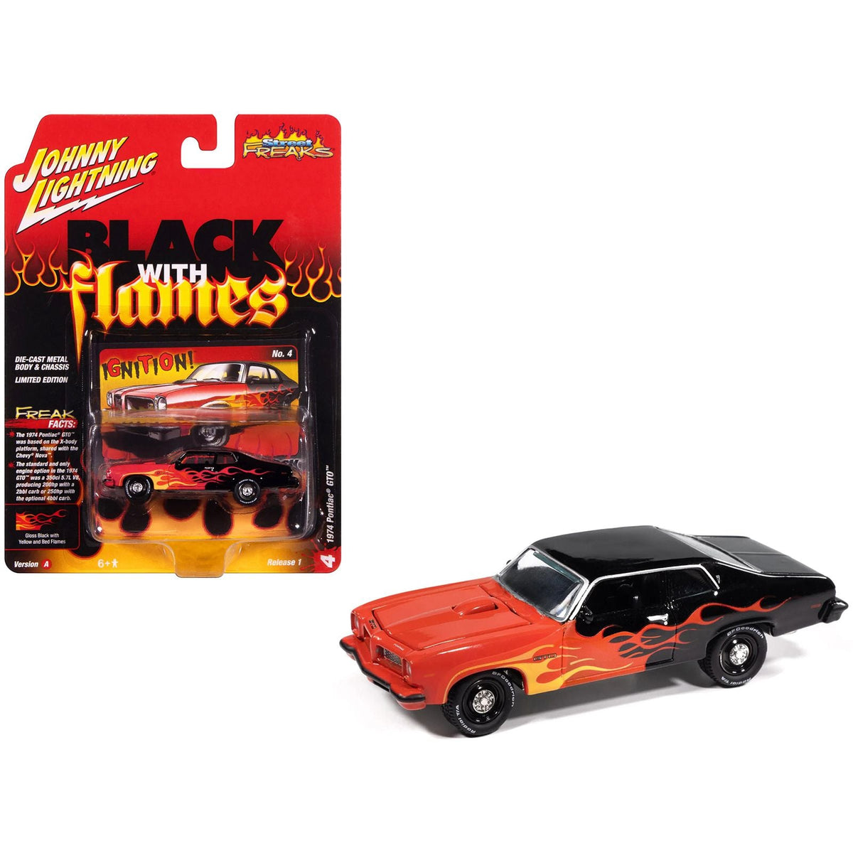 1974 Pontiac GTO Black and Red with Flame Graphics "Black with Flames" Series 1/64 Diecast Model Car by Johnny Lightning-Johnny Lightning-ModelCars.com