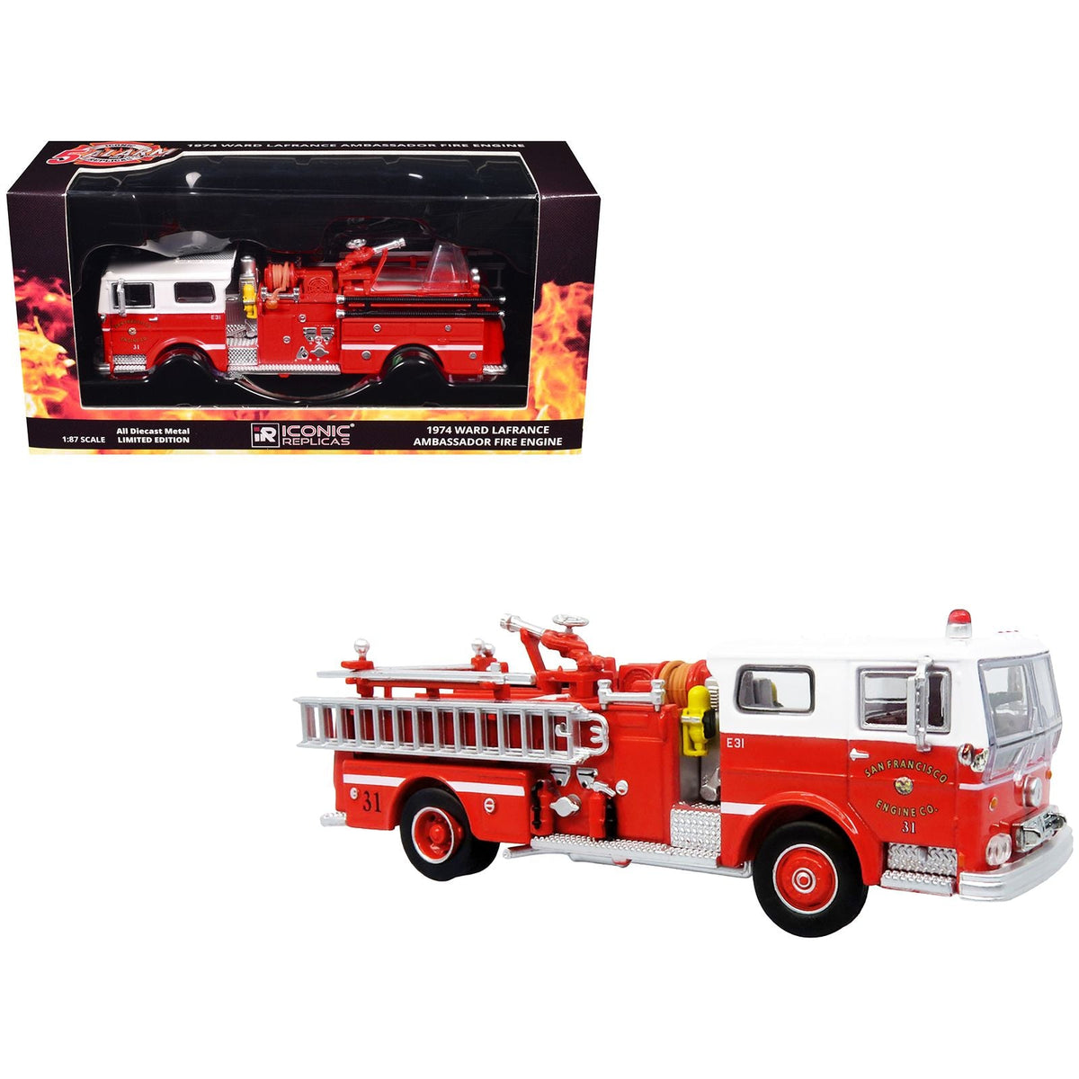 1974 Ward LaFrance Fire Engine "San Francisco Fire Department â€“ Engine 31" Red with White Top "5 Alarm" Series Limited Edition 1/87 (HO) Diecast Model by Iconic Replicas-Iconic Replicas-ModelCars.com