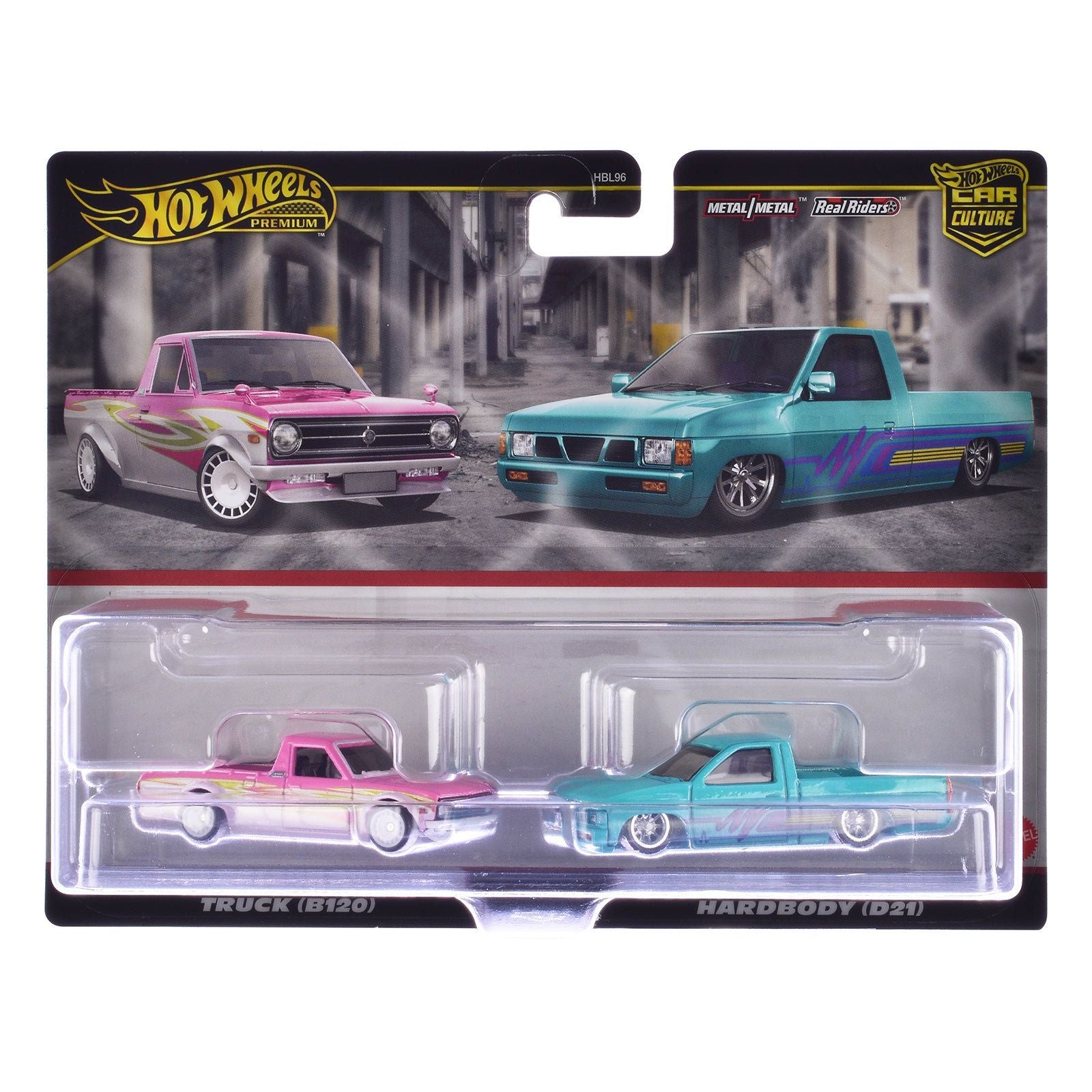 1975 Datsun Sunny (B120) Pickup Truck Pink and White with Graphics and 1993 Nissan Hardbody (D21) Custom Pickup Truck Turquoise with Graphics "Car Culture" Set of 2 Cars Diecast Model Cars by Hot Wheels - Hotwheels - ModelCars.com