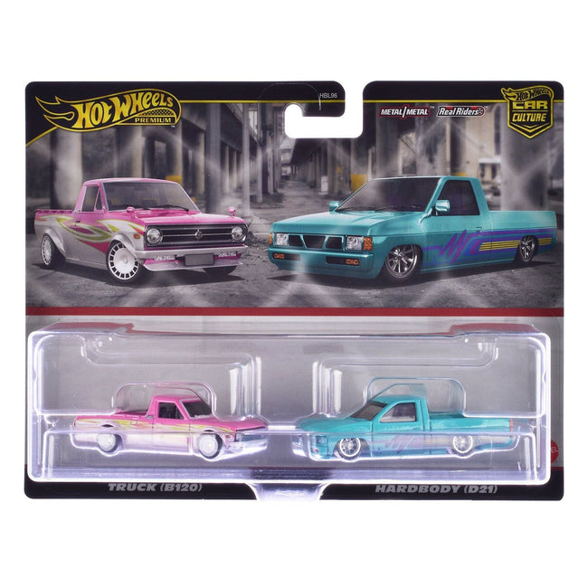 1975 Datsun Sunny (B120) Pickup Truck Pink and White with Graphics and 1993 Nissan Hardbody (D21) Custom Pickup Truck Turquoise with Graphics "Car Culture" Set of 2 Cars Diecast Model Cars by Hot Wheels-Hotwheels-ModelCars.com