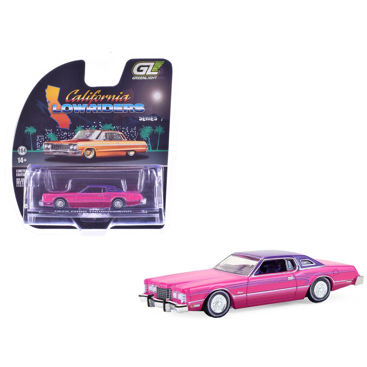 1975 Ford Thunderbird Lowrider Pink Metallic with Purple Top and Graphics with Purple Interior "California Lowriders" Series 7 1/64 Diecast Model Car by Greenlight-Greenlight-ModelCars.com