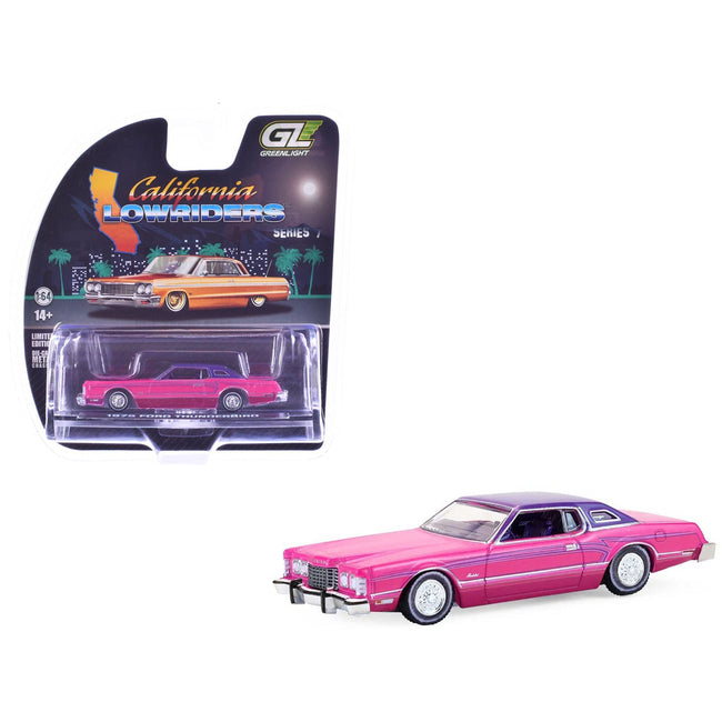 1975 Ford Thunderbird Lowrider Pink Metallic with Purple Top and Graphics with Purple Interior "California Lowriders" Series 7 1/64 Diecast Model Car by Greenlight-Greenlight-ModelCars.com