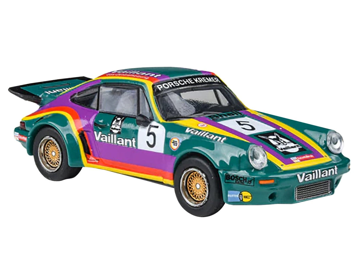 1975 Porsche 911 Carrera RSR 3.0 #5 "Kremer Racing - Vaillant" Green with Stripes 1/64 Diecast Model Car by Paragon Models-Paragon-ModelCars.com