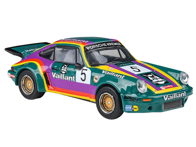 1975 Porsche 911 Carrera RSR 3.0 #5 "Kremer Racing - Vaillant" Green with Stripes 1/64 Diecast Model Car by Paragon Models-Paragon-ModelCars.com