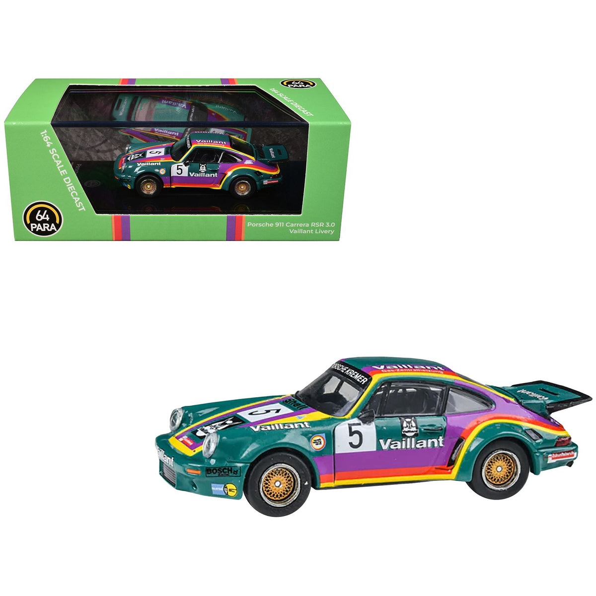 1975 Porsche 911 Carrera RSR 3.0 #5 "Kremer Racing - Vaillant" Green with Stripes 1/64 Diecast Model Car by Paragon Models-Paragon-ModelCars.com