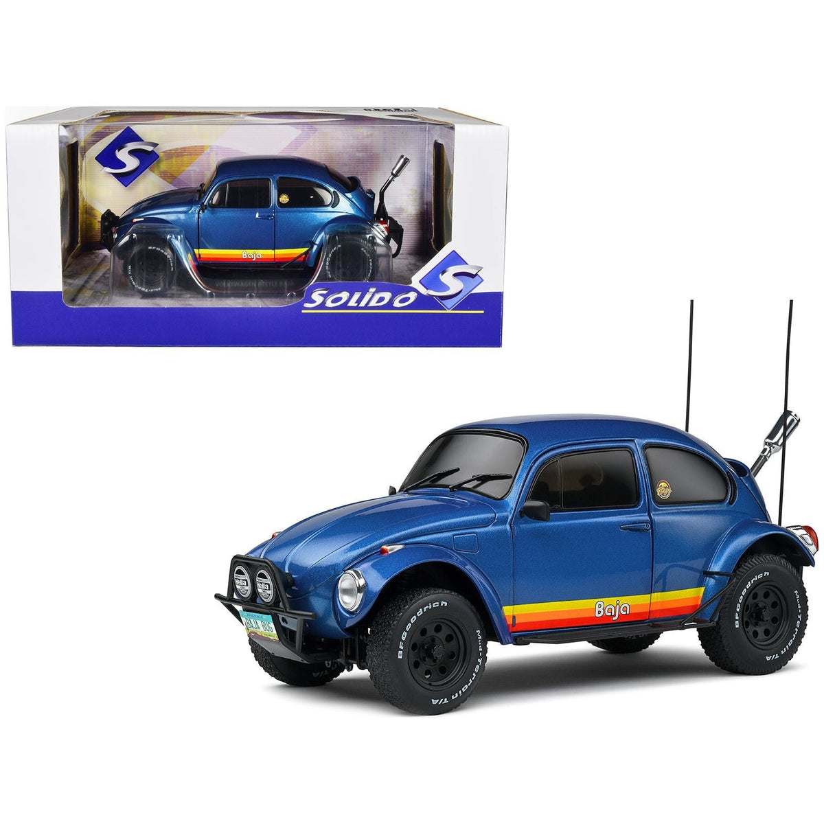 1975 Volkswagen Beetle Baja Blue Metallic with Stripes 1/18 Diecast Model Car by Solido-Solido-ModelCars.com