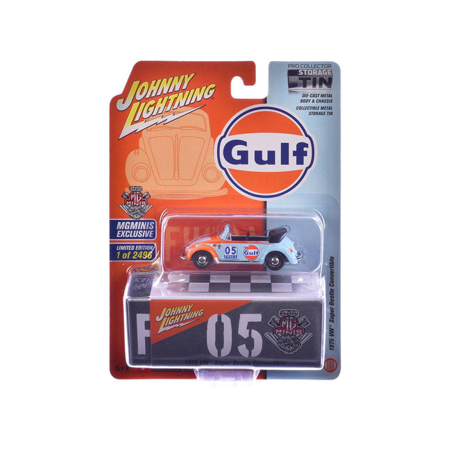 1975 Volkswagen Super Beetle Convertible 05 "Gulf Oil" Light Blue and Orange "MGMinis Exclusive" Series Limited Edition to 2496 pieces Worldwide 1/64 Diecast Model Car by Johnny Lightning - Johnny Lightning - ModelCars.com