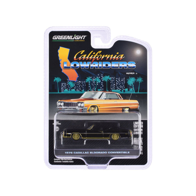 1976 Cadillac Eldorado Convertible Black and Gold "California Lowriders" Series 6 1/64 Diecast Model Car by Greenlight - Greenlight - ModelCars.com