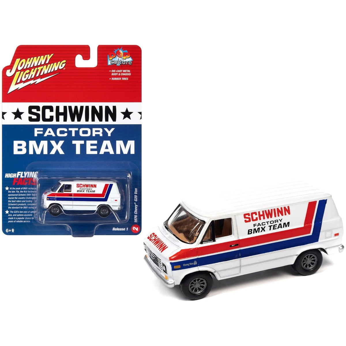 1976 Chevrolet G20 Van White with Stripes "Schwinn Factory BMX Team" "Pop Culture" 2023 Release 1 1/64 Diecast Model Car by Johnny Lightning-Johnny Lightning-ModelCars.com