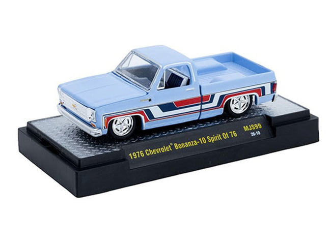 1976 Chevrolet Silverado Bonanza-10 Pickup Truck "Spirit of '76" Light Blue with Red White and Blue Graphics Limited Edition to 11770 pieces Worldwide 1/64 Diecast Model Car by M2 Machines-M2-ModelCars.com