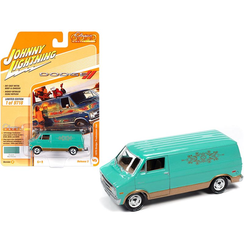1976 Dodge Tradesman Van Custom Mint Green and Gold with Graphics "Classic Gold Collection" Series Limited Edition to 9718 pieces Worldwide 1/64 Diecast Model Car by Johnny Lightning-Johnny Lightning-ModelCars.com