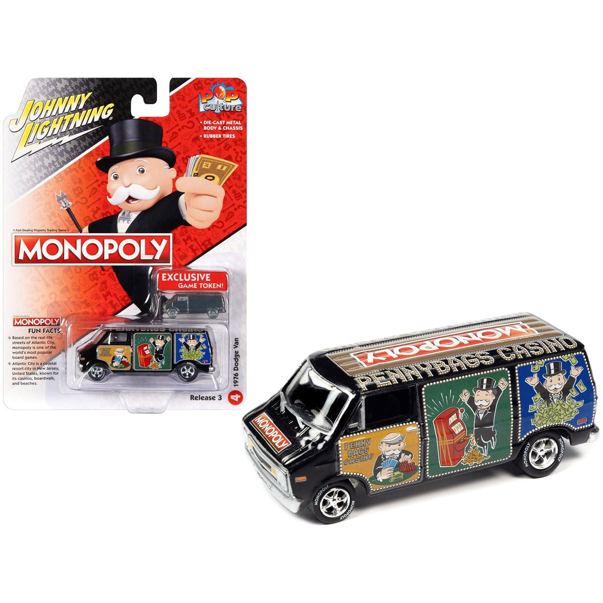1976 Dodge Van Black "Pennybags Casino - Monopoly" with Dodge Van Monopoly Game Token "Pop Culture" 2022 Release 3 1/64 Diecast Model Car by Johnny Lightning-Johnny Lightning-ModelCars.com