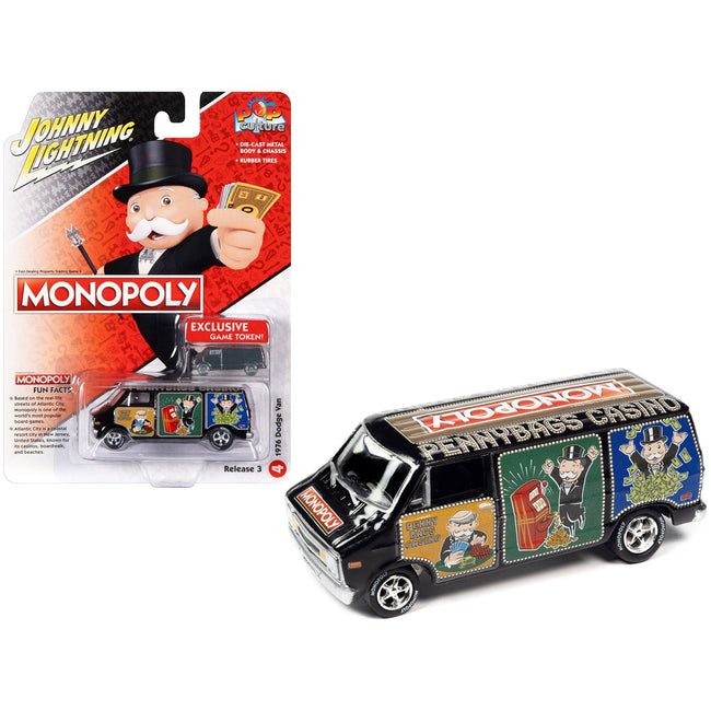 1976 Dodge Van Black "Pennybags Casino - Monopoly" with Dodge Van Monopoly Game Token "Pop Culture" 2022 Release 3 1/64 Diecast Model Car by Johnny Lightning - Johnny Lightning - ModelCars.com