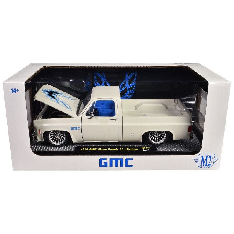 1976 GMC Sierra Grande 15 Custom Pickup Truck Eggshell White with Hood Graphics and Blue Interior Limited Edition to 6650 pieces Worldwide 1/24 Diecast Model Car by M2 Machines - M2 - ModelCars.com