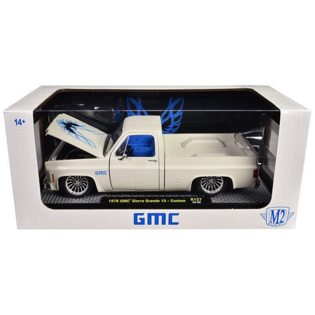 1976 GMC Sierra Grande 15 Custom Pickup Truck Eggshell White with Hood Graphics and Blue Interior Limited Edition to 6650 pieces Worldwide 1/24 Diecast Model Car by M2 Machines - M2 - ModelCars.com