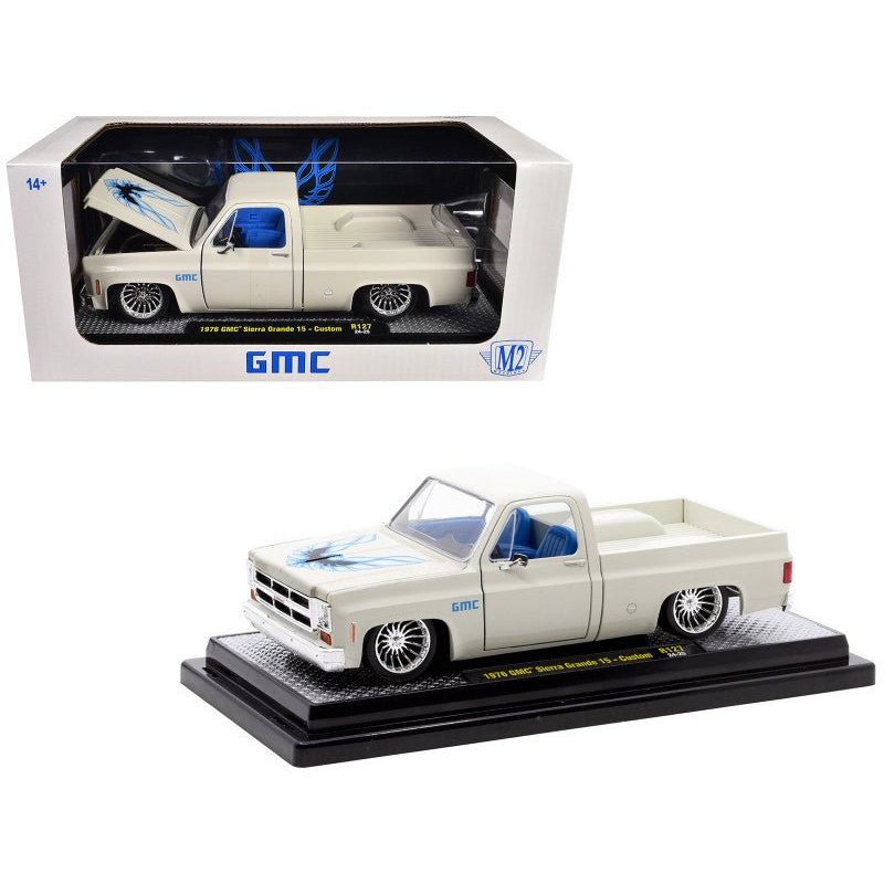 1976 GMC Sierra Grande 15 Custom Pickup Truck Eggshell White with Hood Graphics and Blue Interior Limited Edition to 6650 pieces Worldwide 1/24 Diecast Model Car by M2 Machines-M2-ModelCars.com