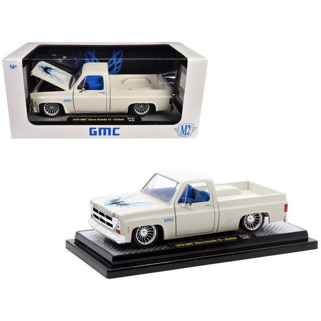 1976 GMC Sierra Grande 15 Custom Pickup Truck Eggshell White with Hood Graphics and Blue Interior Limited Edition to 6650 pieces Worldwide 1/24 Diecast Model Car by M2 Machines-M2-ModelCars.com