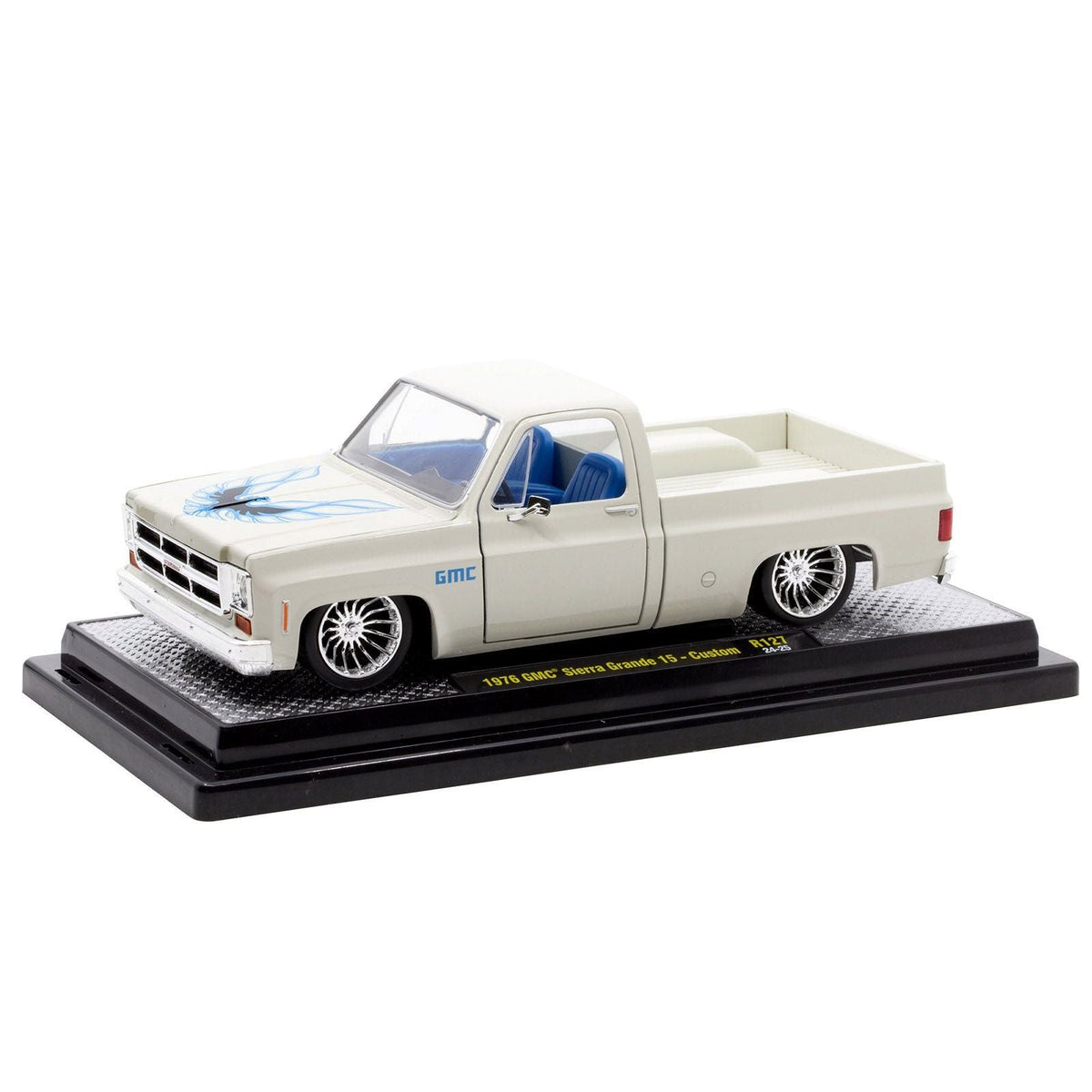 1976 GMC Sierra Grande 15 Custom Pickup Truck Eggshell White with Hood Graphics and Blue Interior Limited Edition to 6650 pieces Worldwide 1/24 Diecast Model Car by M2 Machines-M2-ModelCars.com