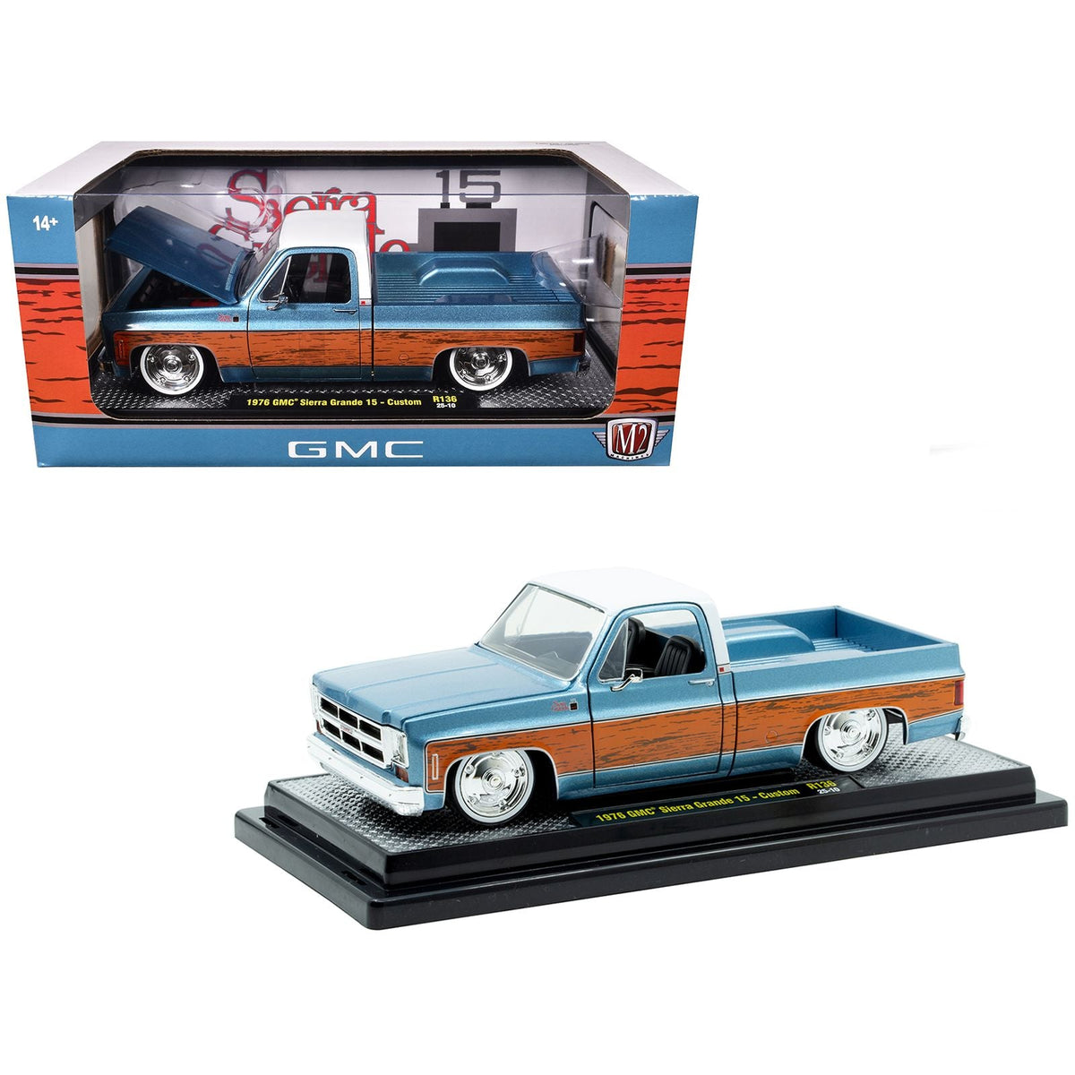 1976 GMC Sierra Grande 15 Pickup Truck Blue Metallic with White Top and Woodgrain Sides Limited Edition to 7050 pieces Worldwide 1/24 Diecast Model Car by M2 Machines-M2-ModelCars.com