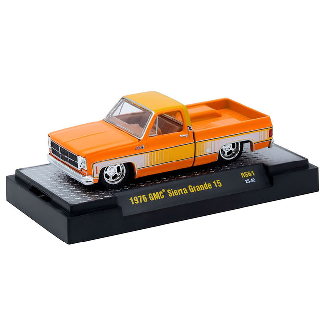 1976 GMC Sierra Grande 15 Pickup Truck Orange and white with Orange Interior Limited Edition to 15994 pieces Worldwide 1/64 Diecast Model Car by M2 Machines-M2-ModelCars.com
