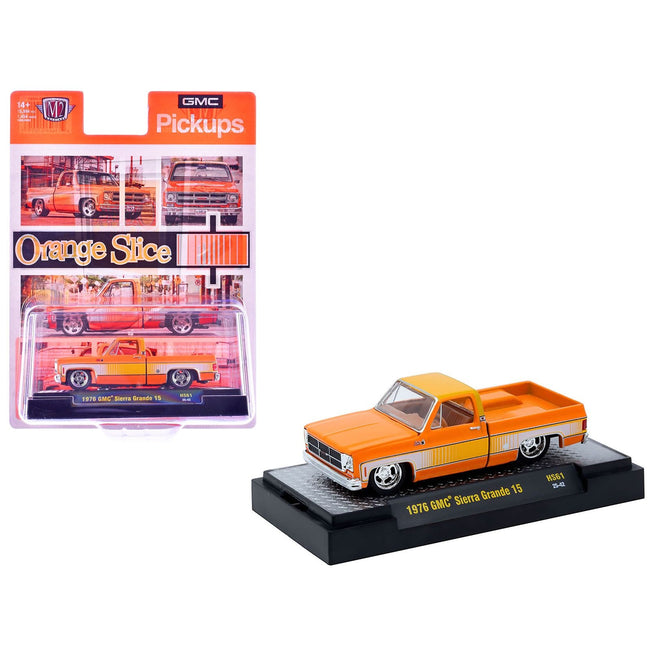 1976 GMC Sierra Grande 15 Pickup Truck Orange and white with Orange Interior Limited Edition to 15994 pieces Worldwide 1/64 Diecast Model Car by M2 Machines-M2-ModelCars.com
