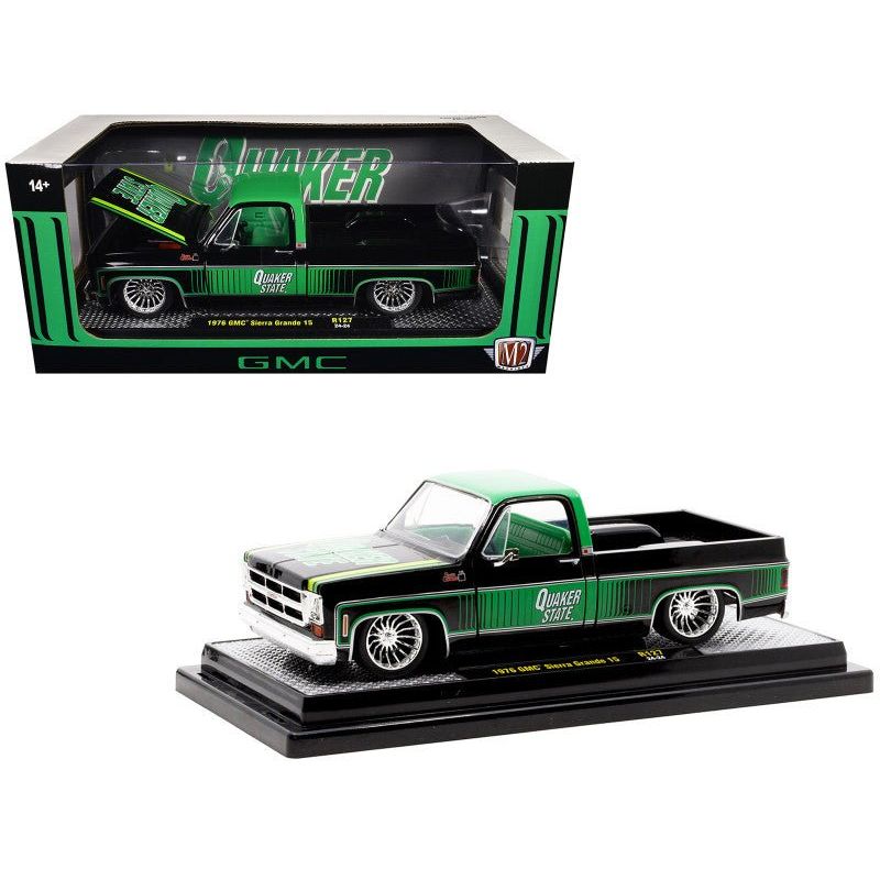 1976 GMC Sierra Grande 15 Pickup Truck "Quaker State" Black with Green Top Graphics and Interior Limited Edition to 6650 pieces Worldwide 1/24 Diecast Model Car by M2 Machines-M2-ModelCars.com