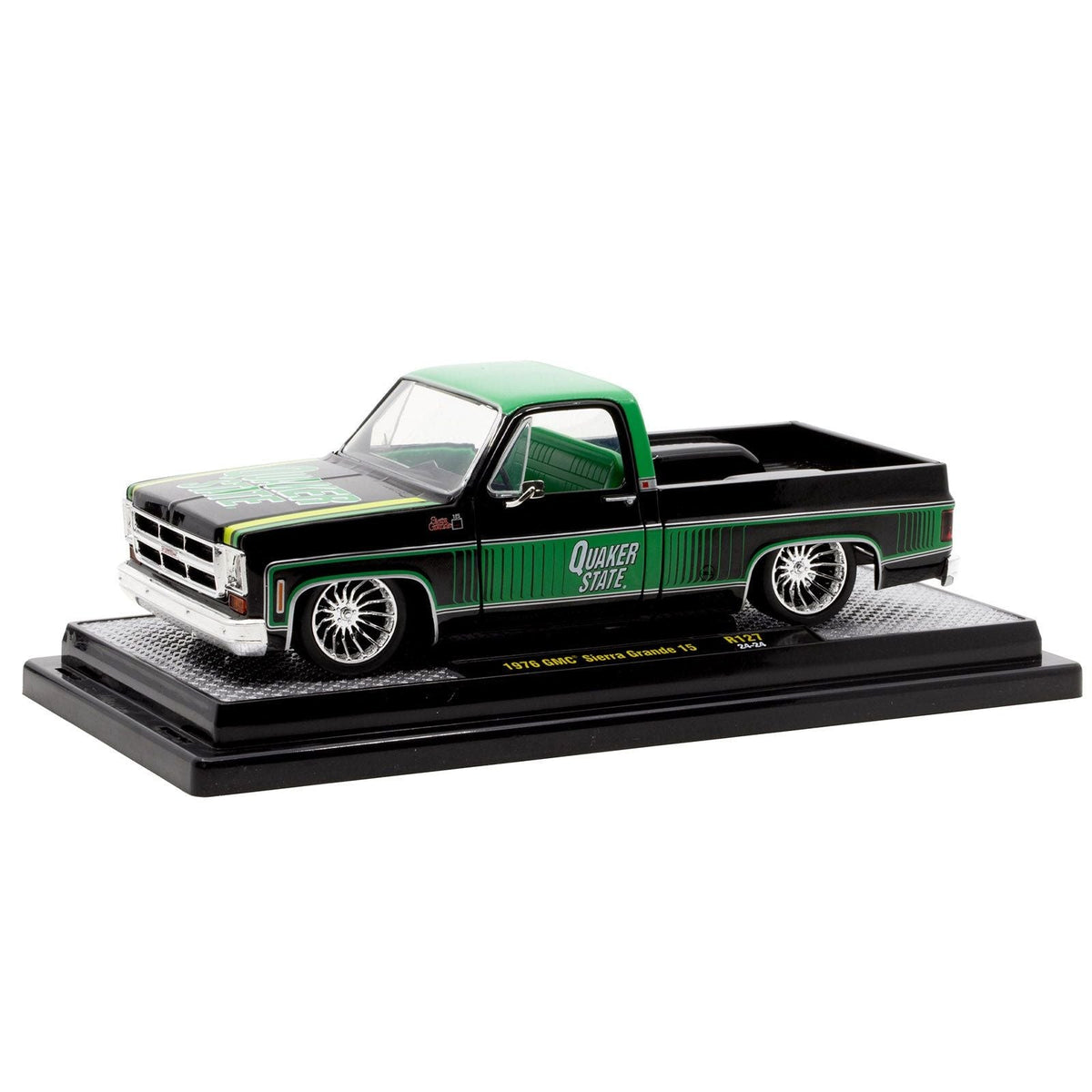 1976 GMC Sierra Grande 15 Pickup Truck "Quaker State" Black with Green Top Graphics and Interior Limited Edition to 6650 pieces Worldwide 1/24 Diecast Model Car by M2 Machines-M2-ModelCars.com