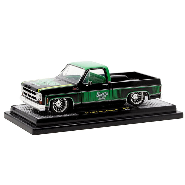 1976 GMC Sierra Grande 15 Pickup Truck "Quaker State" Black with Green Top Graphics and Interior Limited Edition to 6650 pieces Worldwide 1/24 Diecast Model Car by M2 Machines-M2-ModelCars.com