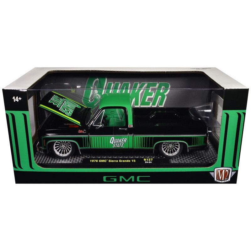 1976 GMC Sierra Grande 15 Pickup Truck "Quaker State" Black with Green Top Graphics and Interior Limited Edition to 6650 pieces Worldwide 1/24 Diecast Model Car by M2 Machines-M2-ModelCars.com