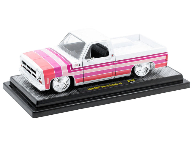 1976 GMC Sierra Grande 15 Pickup Truck White with Stripes Limited Edition to 9250 pieces Worldwide 1/24 Diecast Model Car by M2 Machines-M2-ModelCars.com
