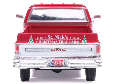 1976 GMC Sierra Grande K2500 Wideside Pickup Truck "St. Nick's Christmas Tree Farm" Red with White Sides "Christmas Limited Edition" 1/64 Diecast Model Car by IXO Models-IXO-ModelCars.com