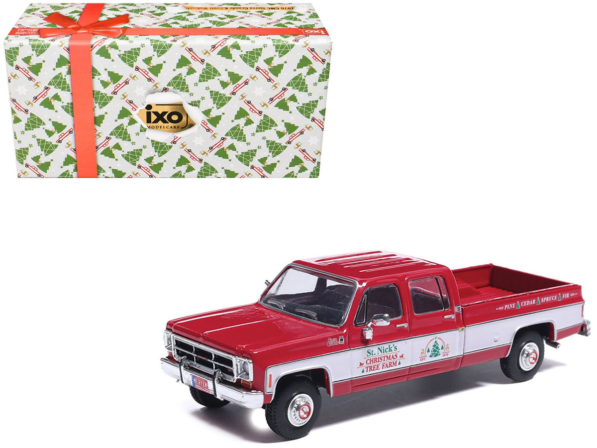 1976 GMC Sierra Grande K2500 Wideside Pickup Truck "St. Nick's Christmas Tree Farm" Red with White Sides "Christmas Limited Edition" 1/64 Diecast Model Car by IXO Models-IXO-ModelCars.com