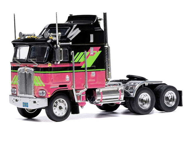 1976 Kenworth K100 Aerodyne Truck Tractor Black and Pink with Graphics 1/64 Diecast Model by IXO Models-IXO-ModelCars.com
