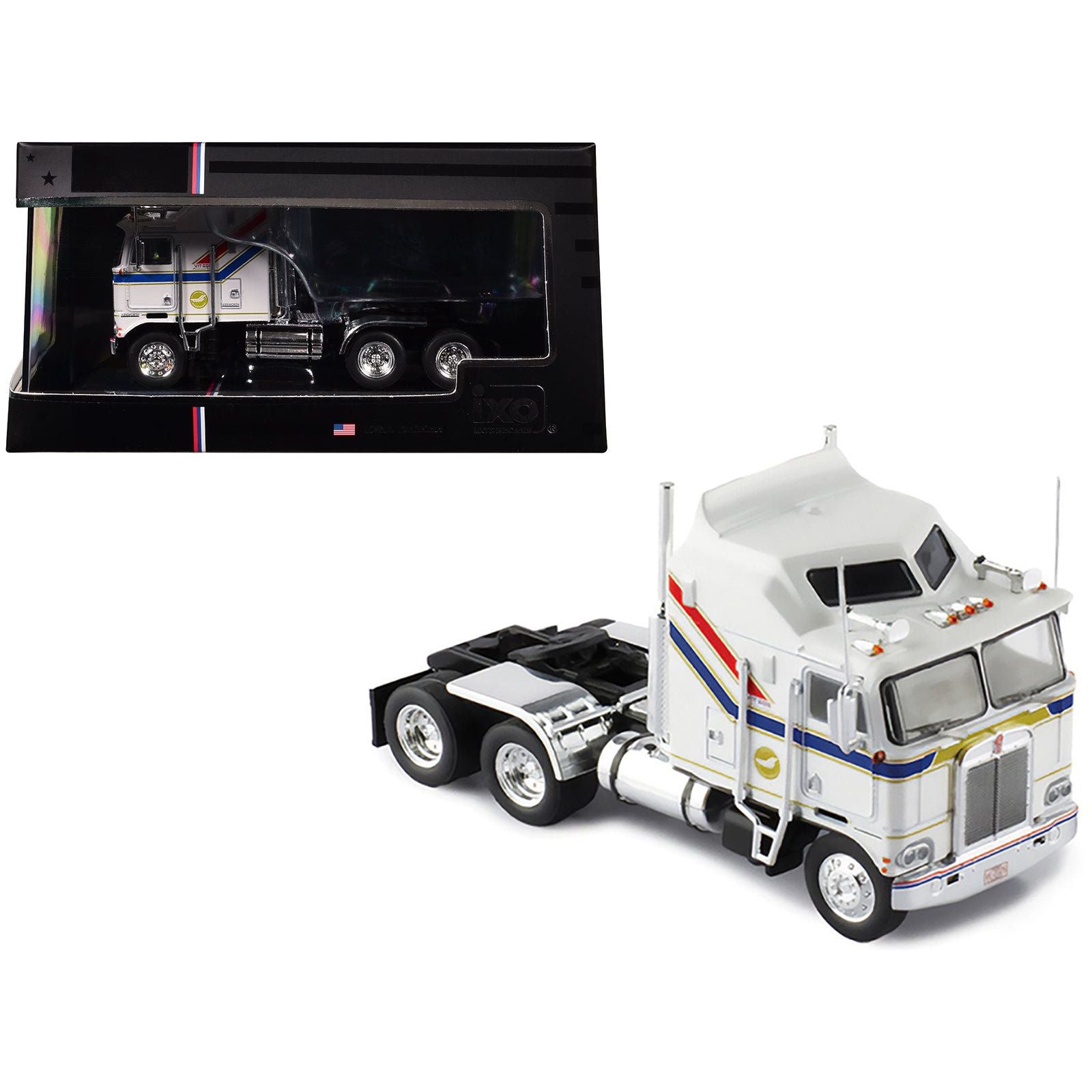 1976 Kenworth K100 Aerodyne Truck Tractor White with Blue and Red Stripes 1/64 Diecast Model by IXO Models - IXO - ModelCars.com