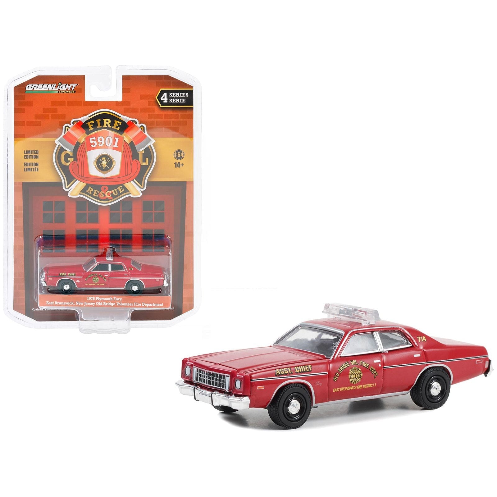 1976 Plymouth Fury Red "Old Bridge Volunteer Fire Department East Brunswick New Jersey Fire District 1 Asst. Chief" "Fire & Rescue" Series 4 1/64 Diecast Model Car by Greenlight - Greenlight - ModelCars.com