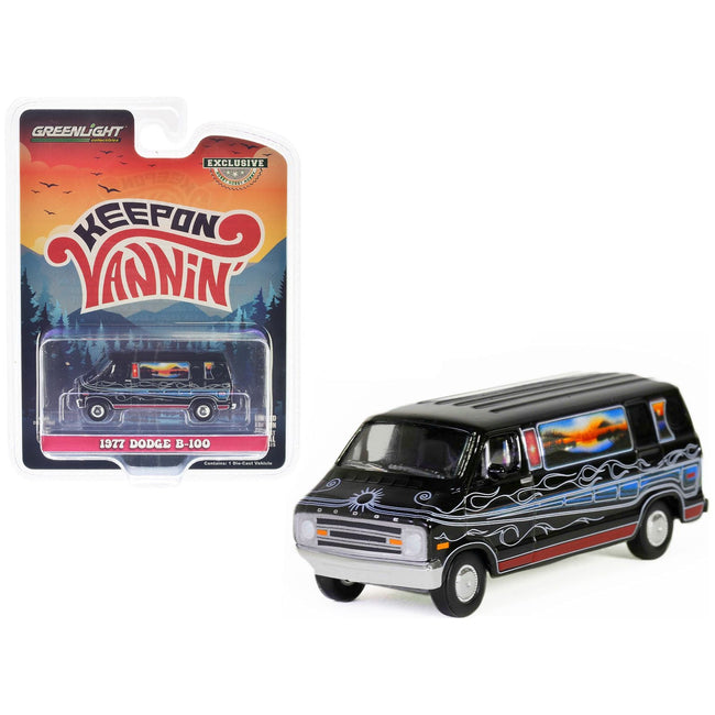 1977 Dodge B - 100 Van Black with Mountain Sunrise Graphics "Keep On Vannin'" "Hobby Exclusive" Series 1/64 Diecast Model Car by Greenlight - Greenlight - ModelCars.com
