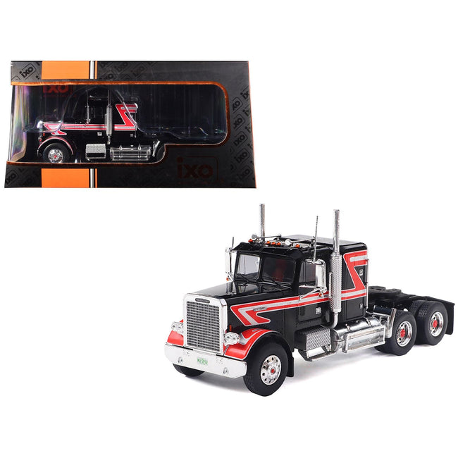 1977 Freightliner FLC 120 64 T Truck Tractor Black with Red and White Stripes 1/43 Diecast Model by IXO Models-IXO-ModelCars.com