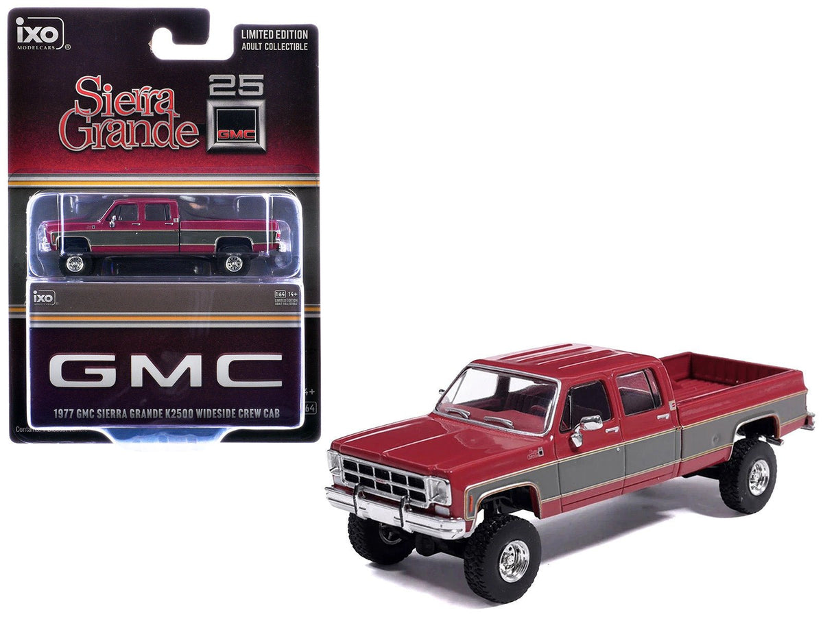 1977 GMC Sierra Grande K2500 Wideside Crew Cab Pickup Truck Dark Red Metallic with Gray Side Stripes 1/64 Diecast Model Car by IXO Models-IXO-ModelCars.com