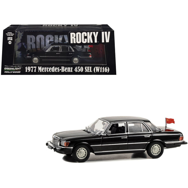 1977 Mercedes-Benz 450 SEL (W116) Black with Soviet Flag "Rocky IV" (1985) Movie 1/43 Diecast Model Car by Greenlight-Greenlight-ModelCars.com