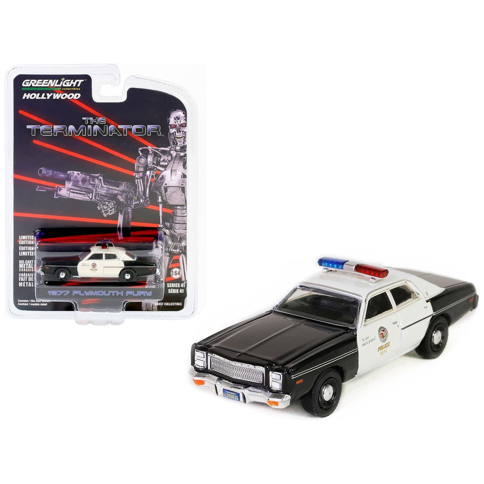 1977 Plymouth Fury Black and White "Metropolitan Police" "The Terminator" (1984) Movie "Hollywood Series" Release 41 1/64 Diecast Model Car by Greenlight - Greenlight - ModelCars.com