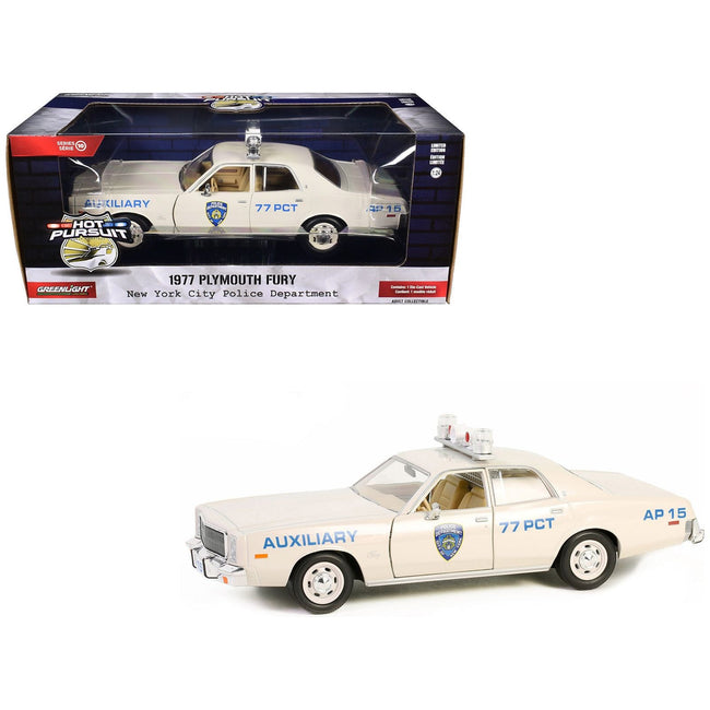 1977 Plymouth Fury Cream "New York City Police Department (NYPD) Auxiliary" "Hot Pursuit" Series 10 1/24 Diecast Model Car by Greenlight - Greenlight - ModelCars.com