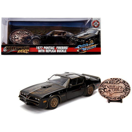1977 Pontiac Firebird Trans Am Black with Replica Buckle "Smokey and the Bandit" (1977) Movie "Hollywood Rides" Series 1/24 Diecast Model Car by Jada-Jada-ModelCars.com