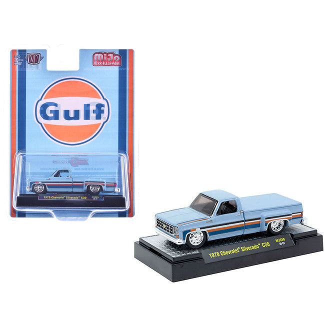 1978 Chevrolet Silverado 30 Pickup Truck "Gulf Oil" Light Blue with Stripes Limited Edition to 10560 pieces Worldwide 1/64 Diecast Model Car by M2 Machines-M2-ModelCars.com