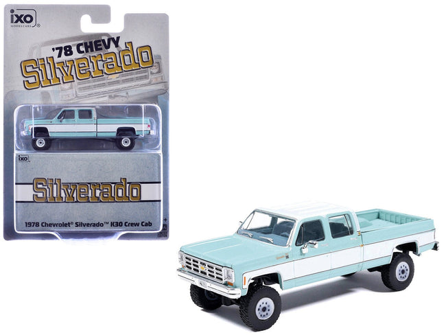 1978 Chevrolet Silverado K30 Crew Cab Pickup Truck Light Blue and White with Blue Interior 1/64 Diecast Model by IXO Models-IXO-ModelCars.com