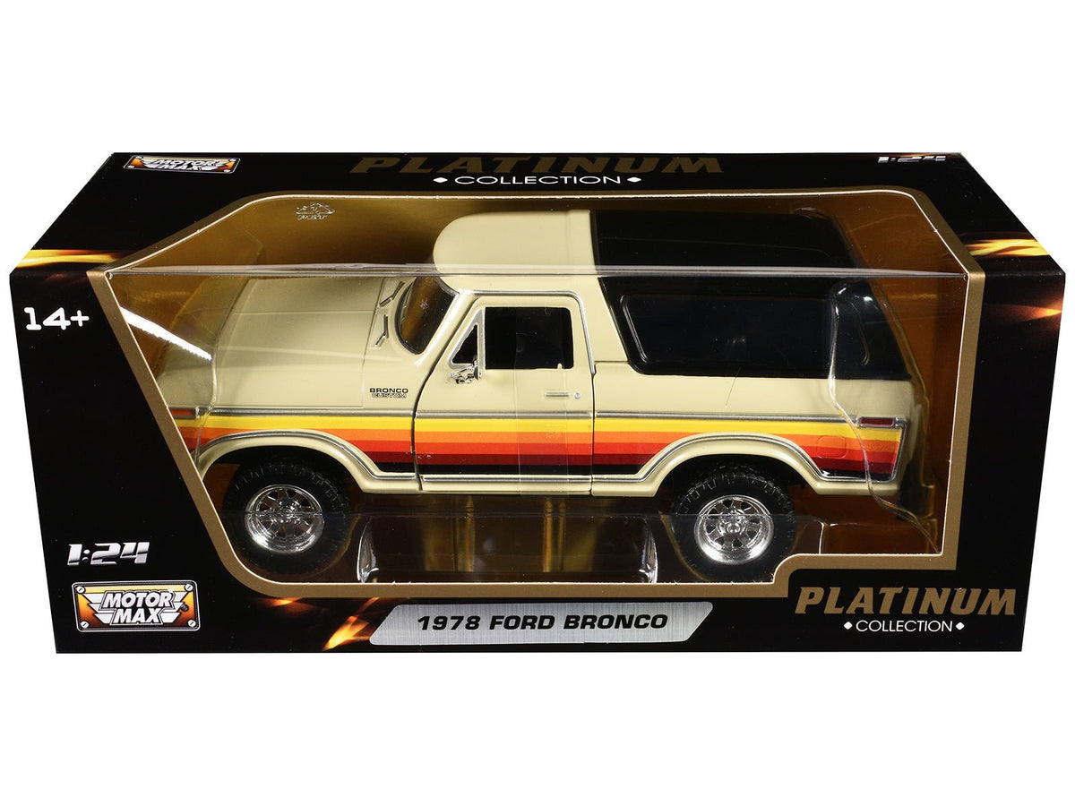 1978 Ford Bronco Custom Cream with Stripes and Black Top "Platinum Collection" Series 1/24 Diecast Model Car by Motormax-Motormax-ModelCars.com