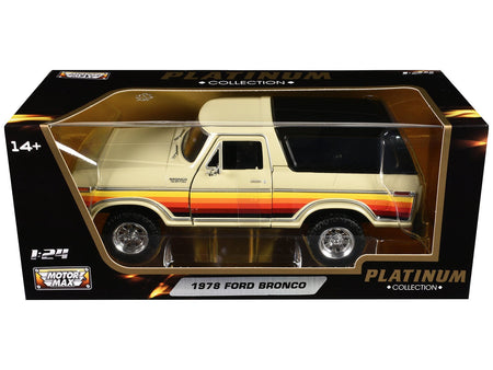 1978 Ford Bronco Custom Cream with Stripes and Black Top "Platinum Collection" Series 1/24 Diecast Model Car by Motormax-Motormax-ModelCars.com